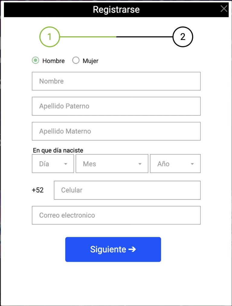 Pantalla de registro Codere México